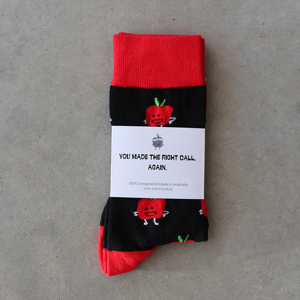 Apple- Socks with Bite. Bold, direct, no nonsense.
